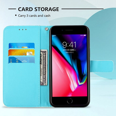 iPhone SE (2022 / 2020) / 8 / 7 Læder Flip Cover m. Motiv, Pung & Strop - Guld Sommerfugl