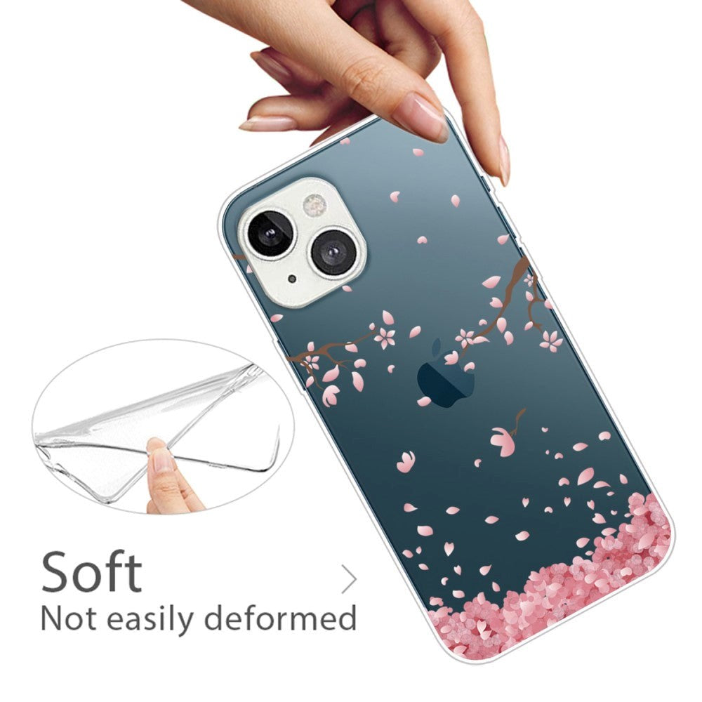 iPhone 14 Fleksibel Cover i TPU Plast - Gennemsigtig m. Lyserøde Blomster