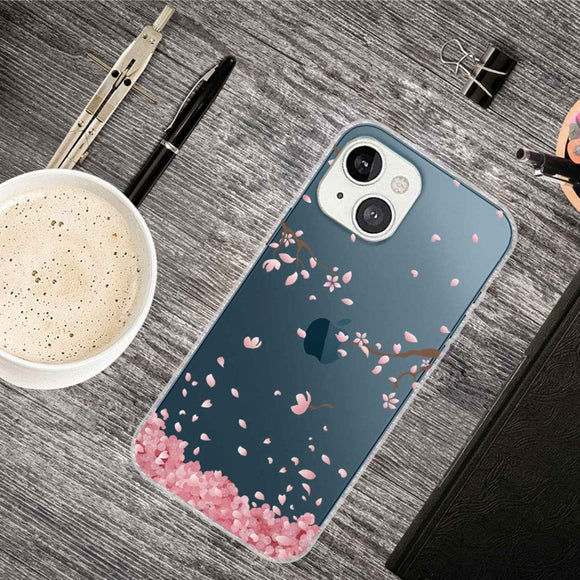 iPhone 14 Fleksibel Cover i TPU Plast - Gennemsigtig m. Lyserøde Blomster