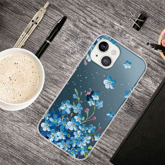 iPhone 14 Fleksibel TPU Plast Cover - Gennemsigtig m. Blå Blomster
