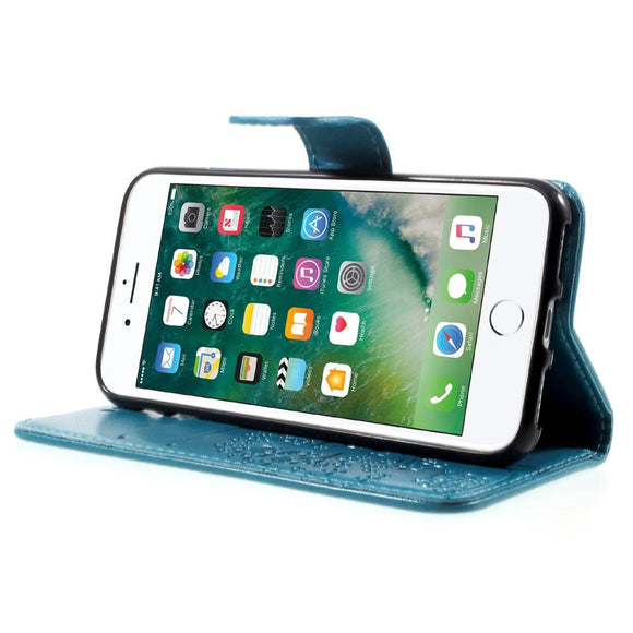 iPhone SE (2022 / 2020) / 8 / 7 Læder Cover m. Pung - Ugler i Træ - Blå
