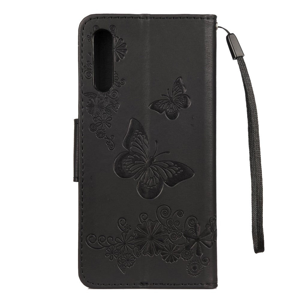 Samsung Galaxy A30s / A50 Blomster og Sommerfugle Læder Cover m. Pung Sort