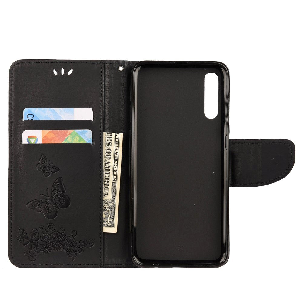 Samsung Galaxy A30s / A50 Blomster og Sommerfugle Læder Cover m. Pung Sort