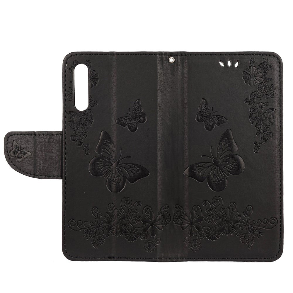 Samsung Galaxy A30s / A50 Blomster og Sommerfugle Læder Cover m. Pung Sort