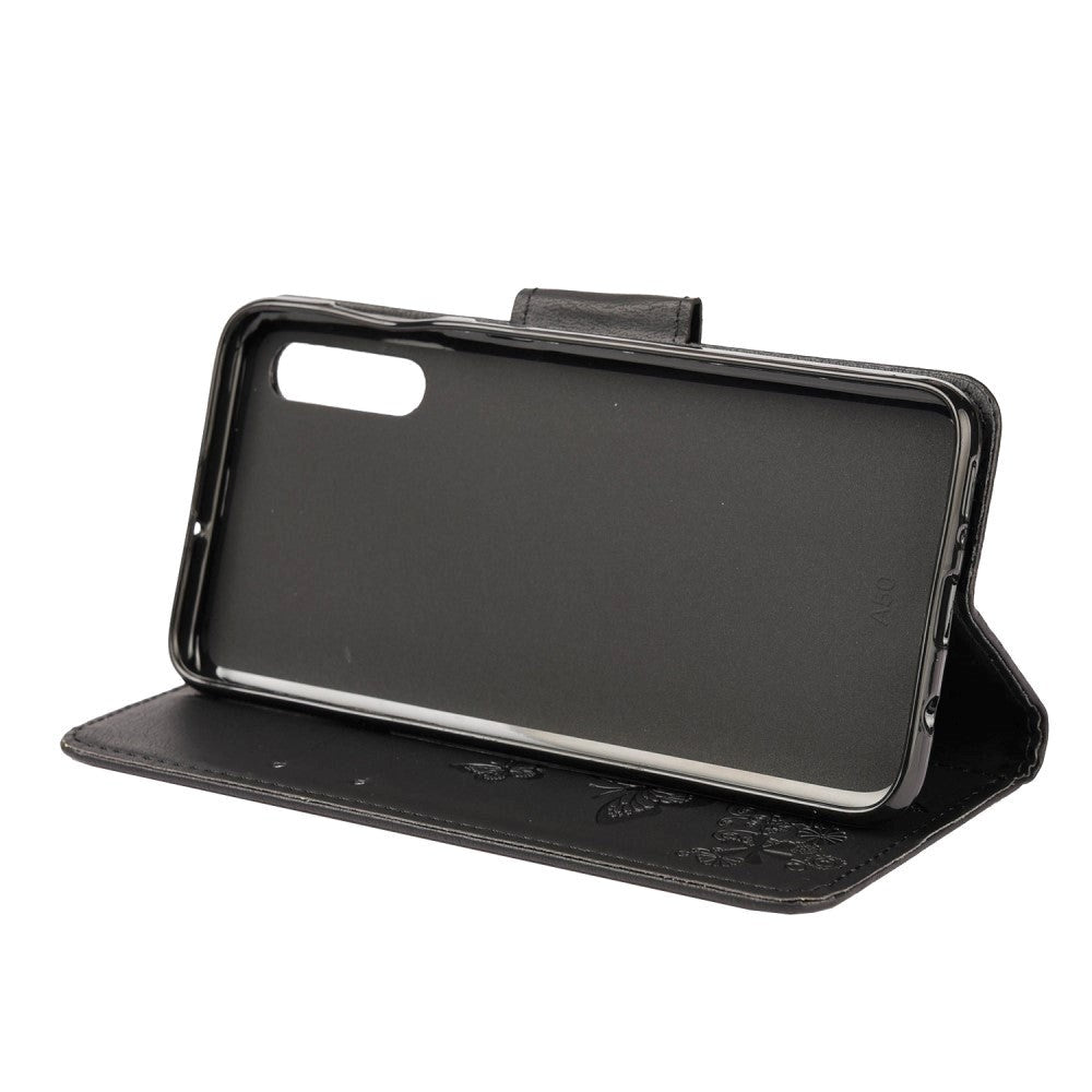 Samsung Galaxy A30s / A50 Blomster og Sommerfugle Læder Cover m. Pung Sort