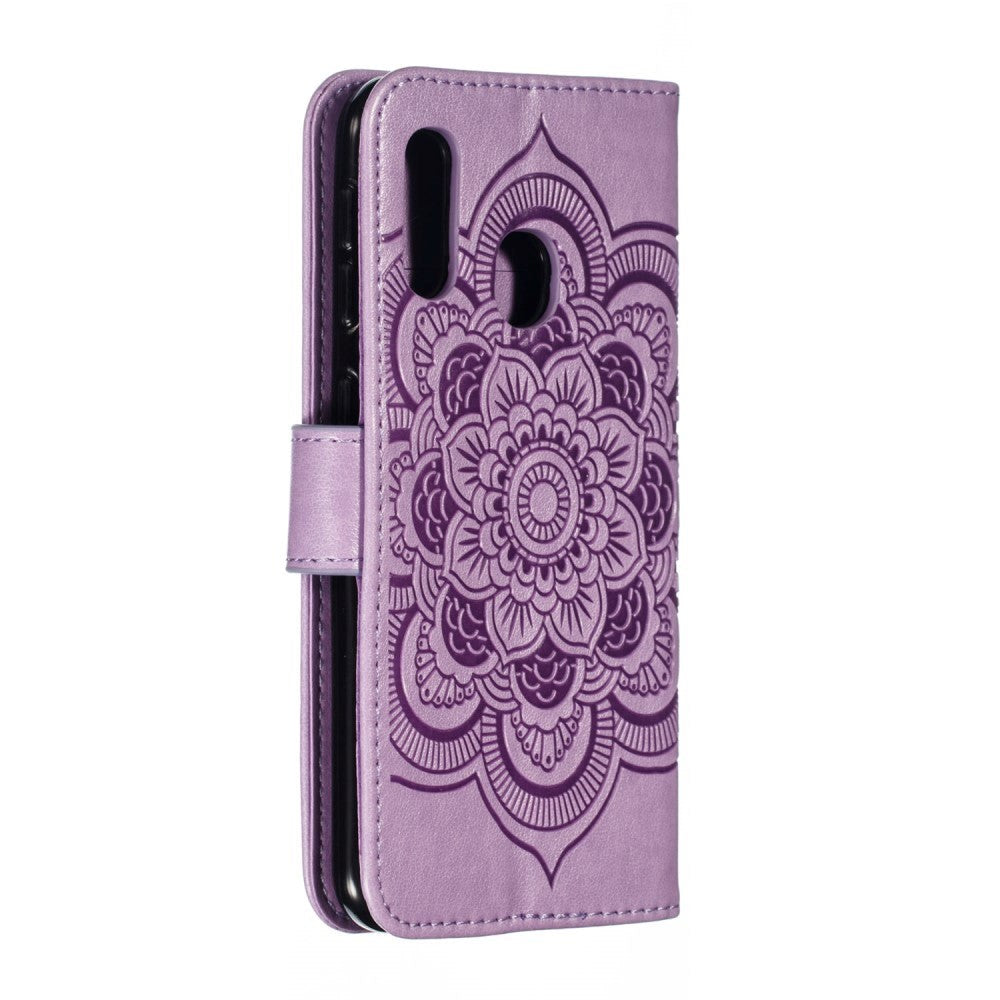 Samsung Galaxy A20e Læder Cover m. Pung Mandala Mønster Lilla