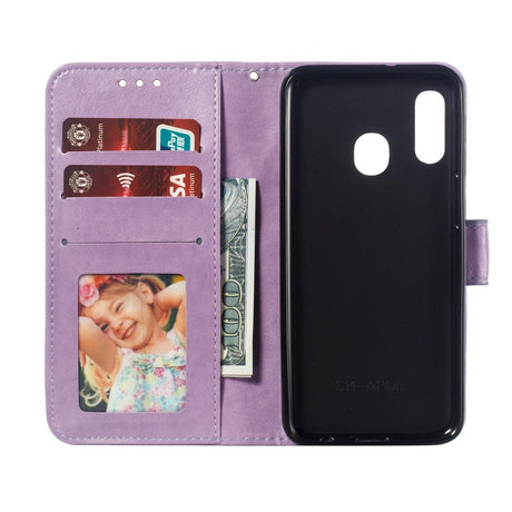 Samsung Galaxy A20e Læder Cover m. Pung Mandala Mønster Lilla