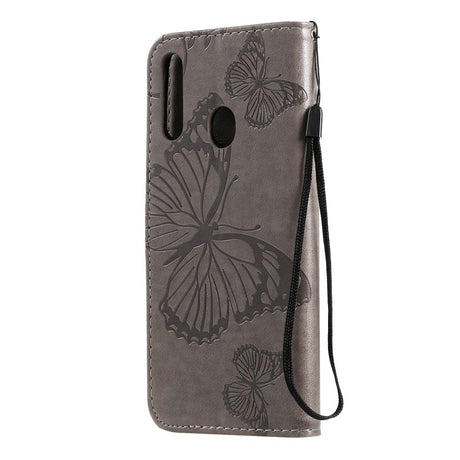 Samsung Galaxy A20s Læder Cover m. Pung Sommerfugl - Grå