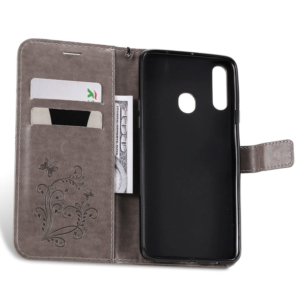 Samsung Galaxy A20s Læder Cover m. Pung Sommerfugl - Grå