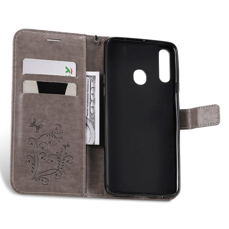 Samsung Galaxy A20s Læder Cover m. Pung Sommerfugl - Grå