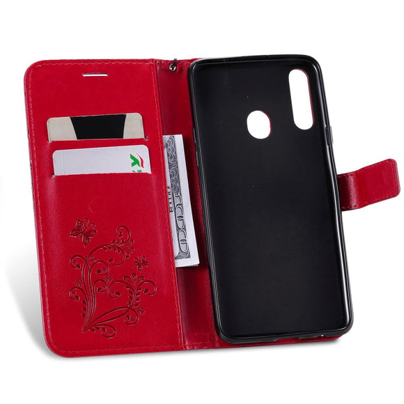 Samsung Galaxy A20s Læder Cover m. Pung Sommerfugl - Rød