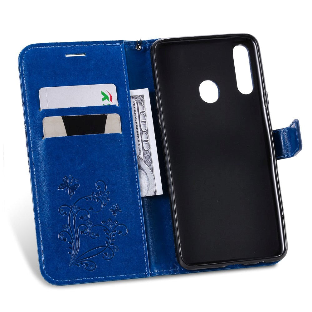Samsung Galaxy A20s Læder Cover m. Pung Sommerfugl - Blå