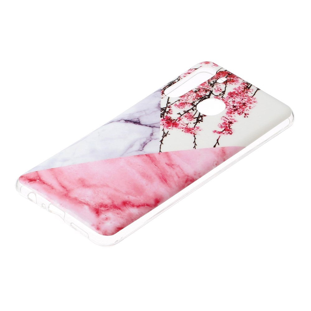 Samsung Galaxy A21 Fleksibel Plastik Cover m. Marble Print - Lyserød Marmor / Blomster
