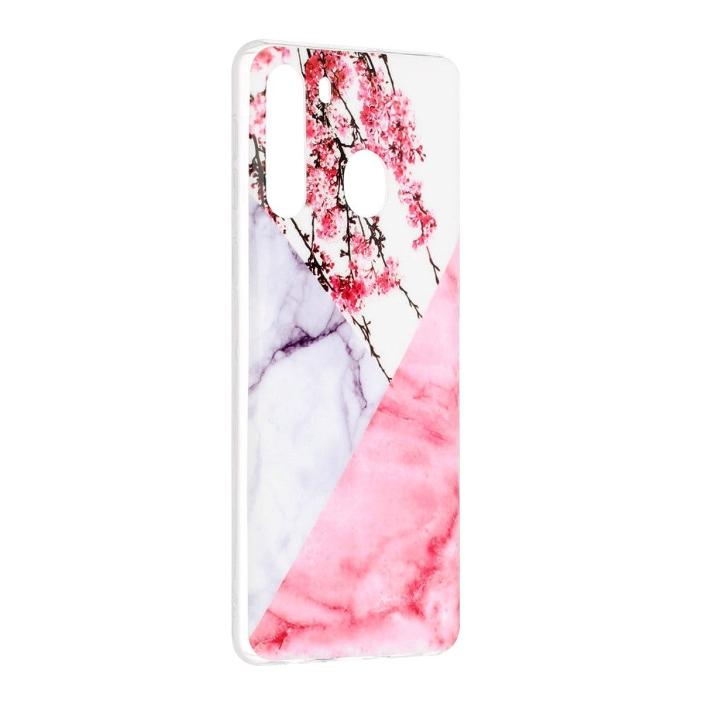 Samsung Galaxy A21 Fleksibel Plastik Cover m. Marble Print - Lyserød Marmor / Blomster