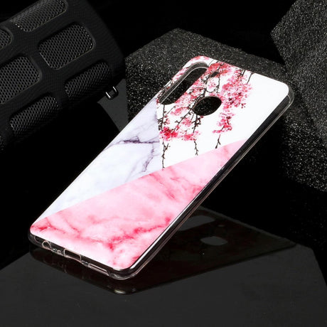 Samsung Galaxy A21 Fleksibel Plastik Cover m. Marble Print - Lyserød Marmor / Blomster