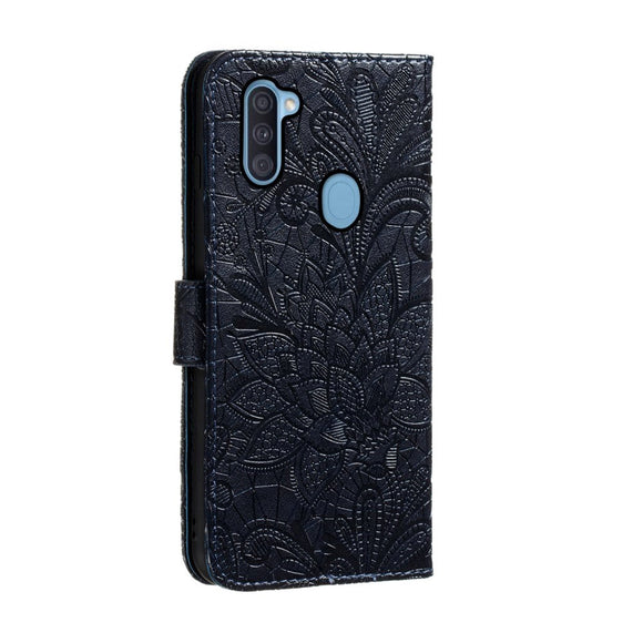 Samsung Galaxy M11 Blomster Blonder Læder Flip Cover - Sort