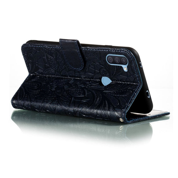 Samsung Galaxy M11 Blomster Blonder Læder Flip Cover - Sort