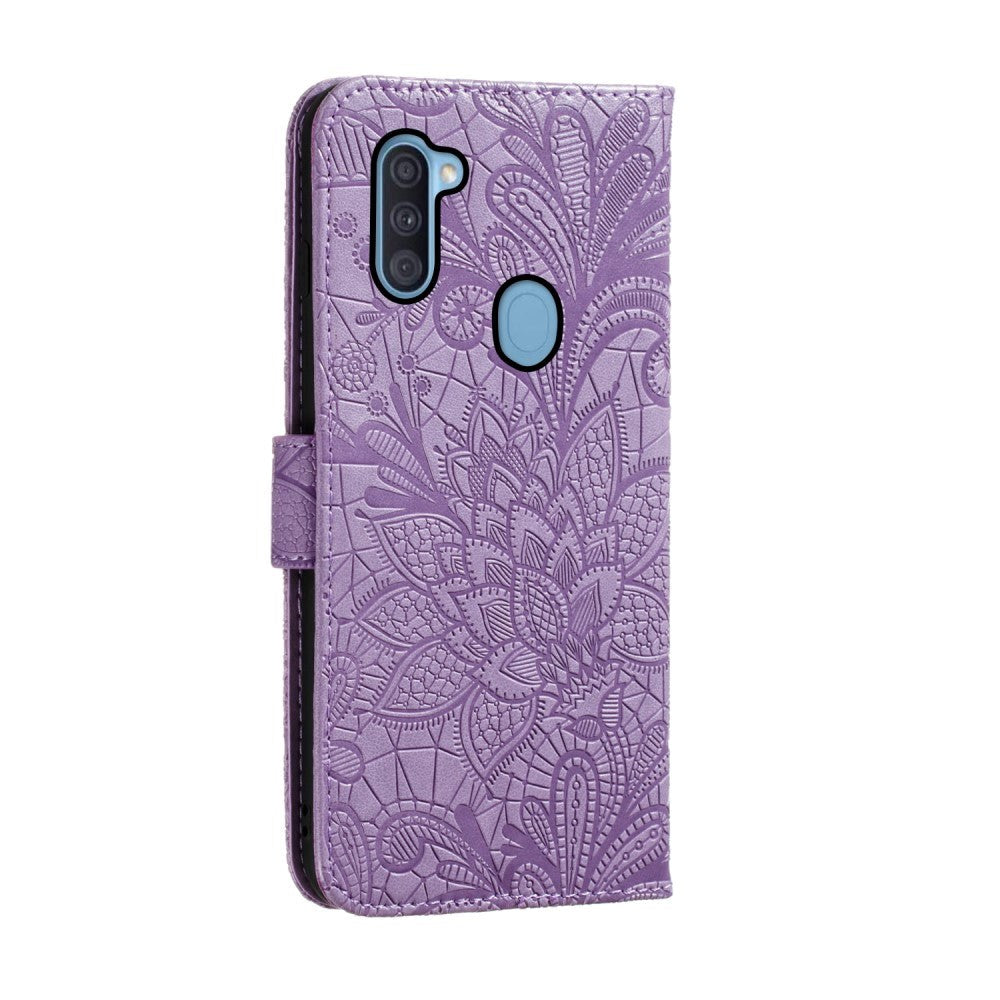 Samsung Galaxy M11 Blomster Blonder Læder Flip Cover - Lilla