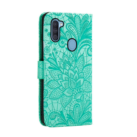 Samsung Galaxy M11 Blomster Blonder Læder Flip Cover - Turkis
