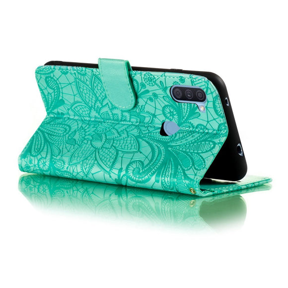 Samsung Galaxy M11 Blomster Blonder Læder Flip Cover - Turkis