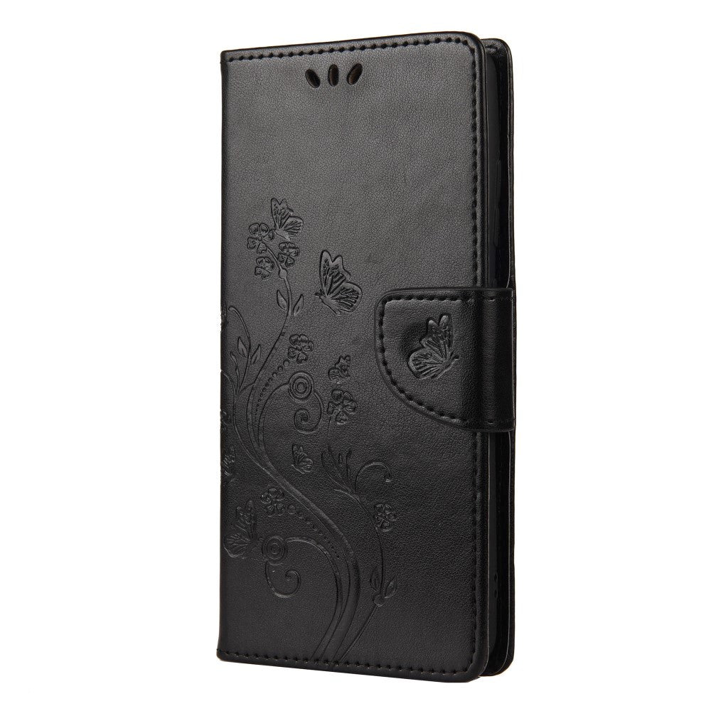 Samsung Galaxy S20 FE / S20 FE (5G) Læder Cover m. Pung - Blomster Imprint - Sort