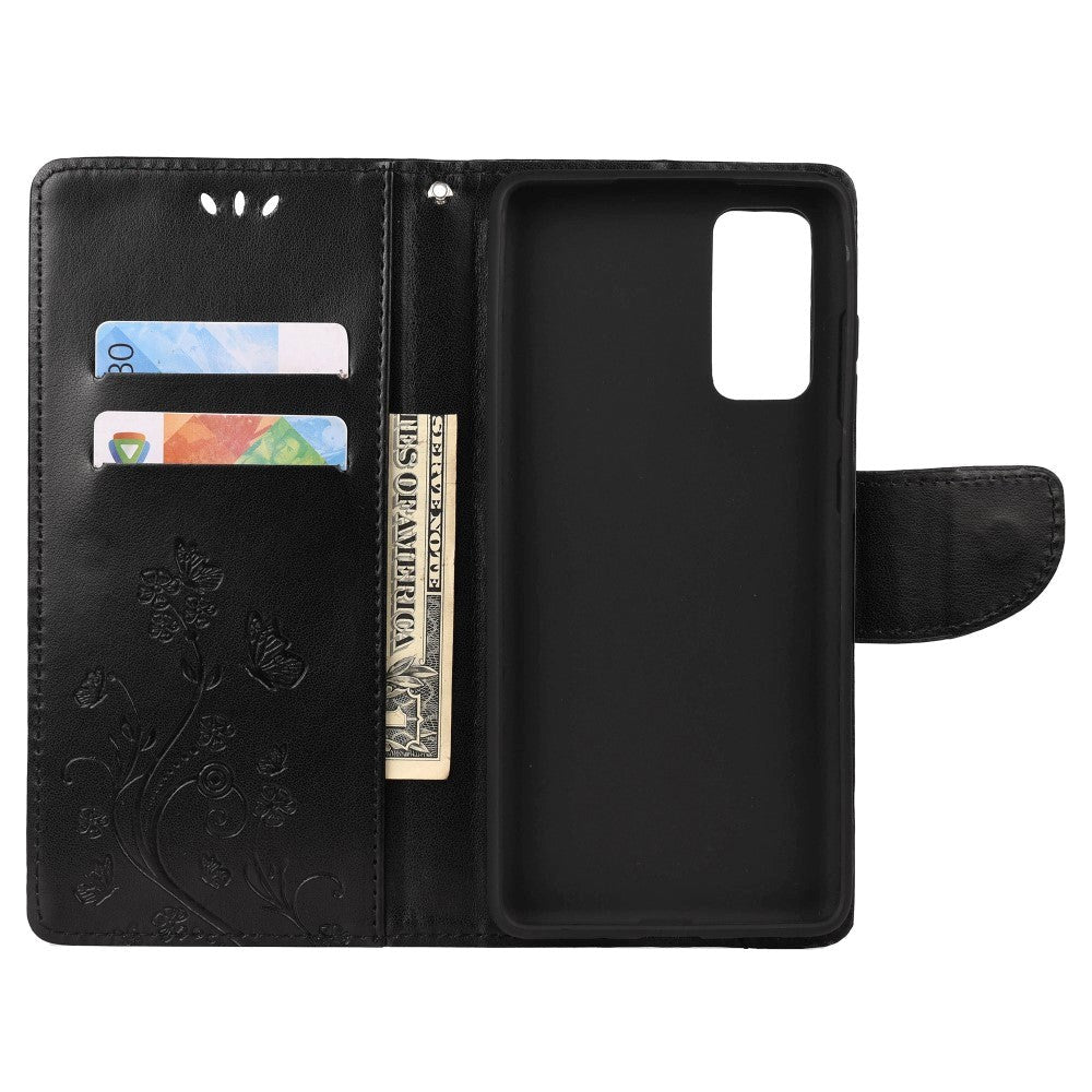 Samsung Galaxy S20 FE / S20 FE (5G) Læder Cover m. Pung - Blomster Imprint - Sort