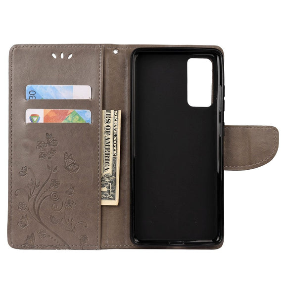 Samsung Galaxy S20 FE / S20 FE (5G) Læder Cover m. Pung - Blomster Imprint - Grå