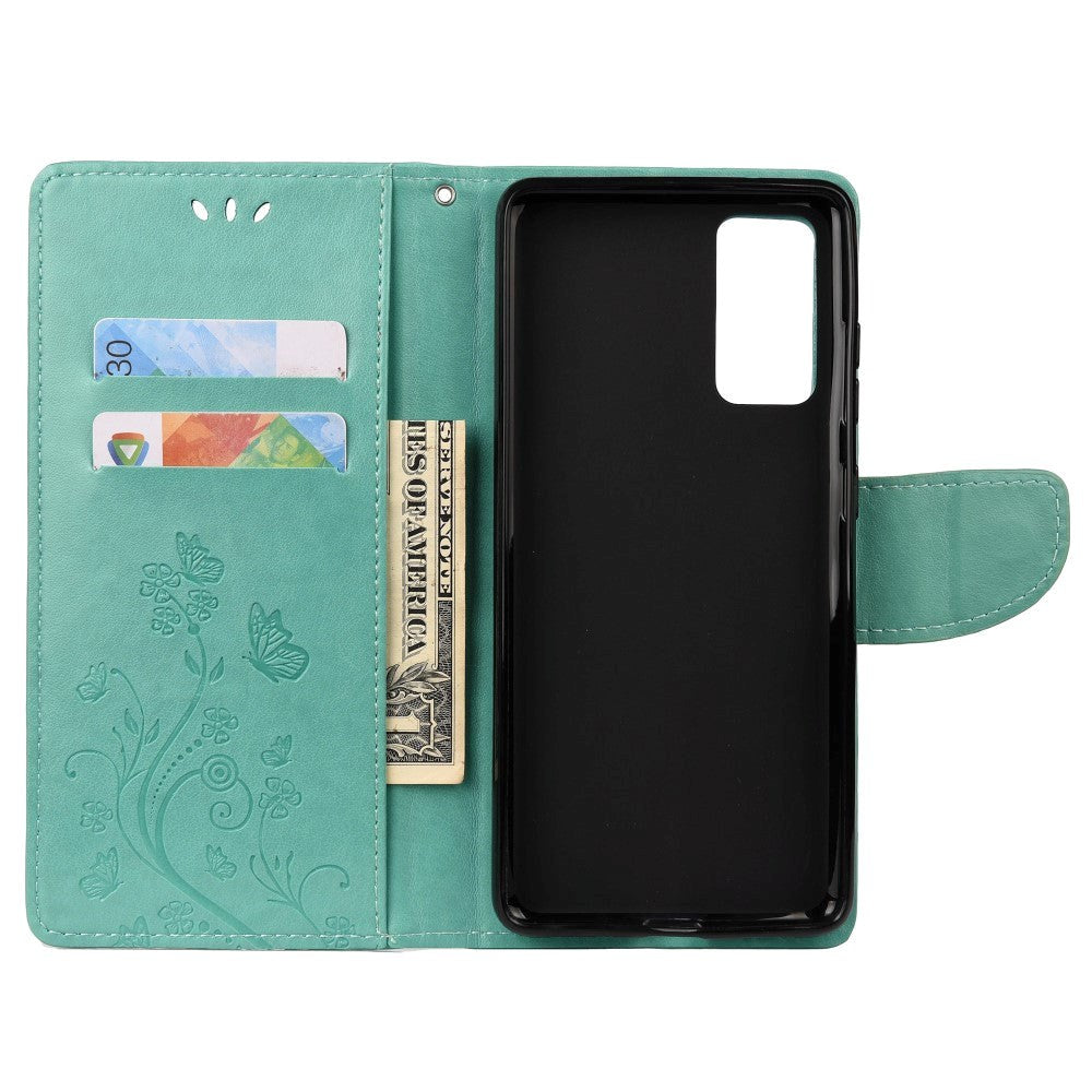 Samsung Galaxy S20 FE / S20 FE (5G) Læder Cover m. Pung - Blomster Imprint - Grøn