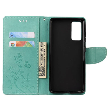 Samsung Galaxy S20 FE / S20 FE (5G) Læder Cover m. Pung - Blomster Imprint - Grøn