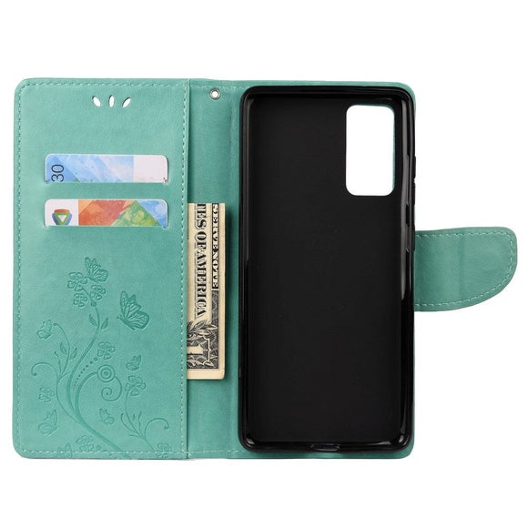 Samsung Galaxy S20 FE / S20 FE (5G) Læder Cover m. Pung - Blomster Imprint - Grøn