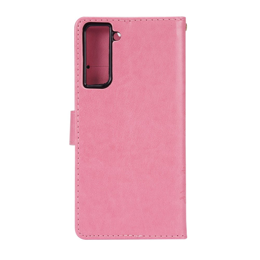 Samsung Galaxy S21 Læder Cover m. Pung - Blomster Imprint - Lyserød