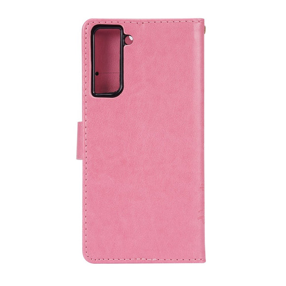 Samsung Galaxy S21 Læder Cover m. Pung - Blomster Imprint - Lyserød