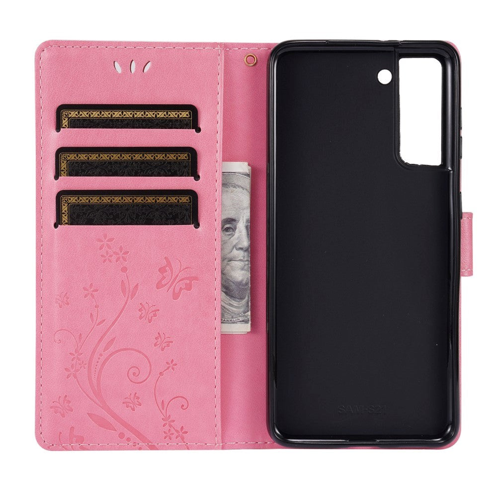 Samsung Galaxy S21 Læder Cover m. Pung - Blomster Imprint - Lyserød