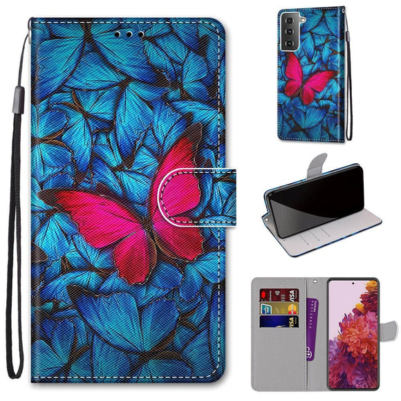 Samsung Galaxy S21 Læder Cover m. Pung - Pink Sommerfugl