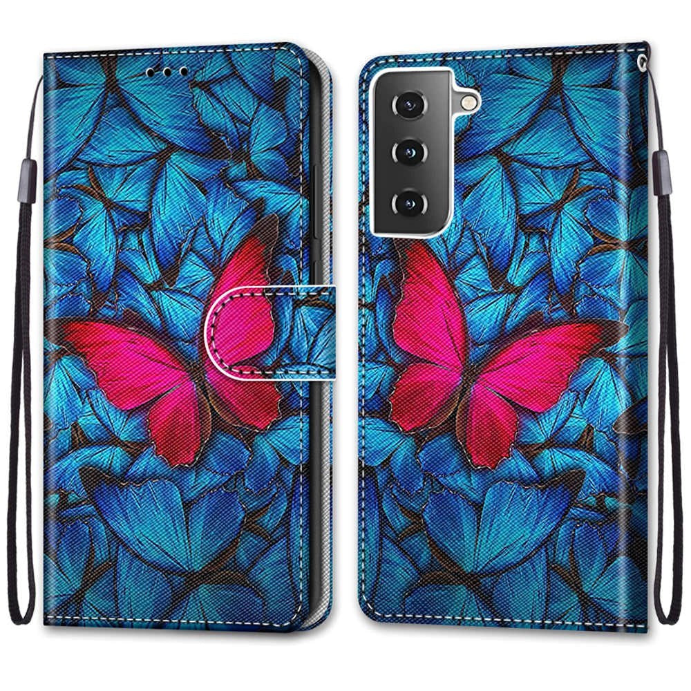 Samsung Galaxy S21 Læder Cover m. Pung - Pink Sommerfugl