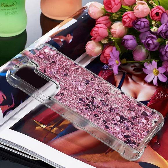 Samsung Galaxy S21 FE (5G) Gennemsigtigt Glimmer Cover - Pink Hjerter