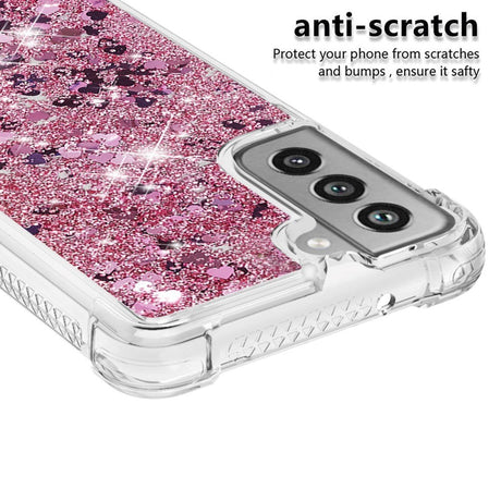 Samsung Galaxy S21 FE (5G) Gennemsigtigt Glimmer Cover - Pink Hjerter