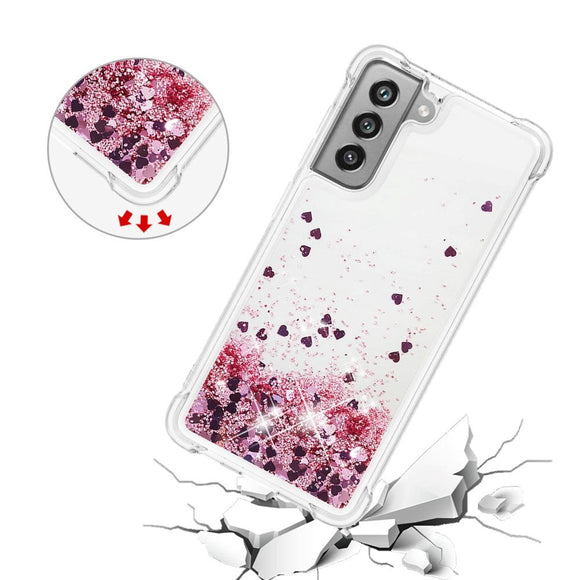 Samsung Galaxy S21 FE (5G) Gennemsigtigt Glimmer Cover - Pink Hjerter