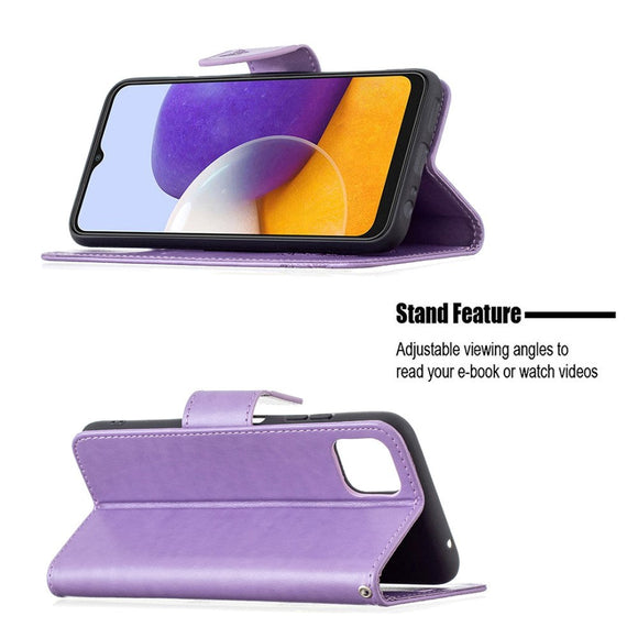 Samsung Galaxy A22 (5G) Læder Cover m. Pung Sommerfugl - Lilla