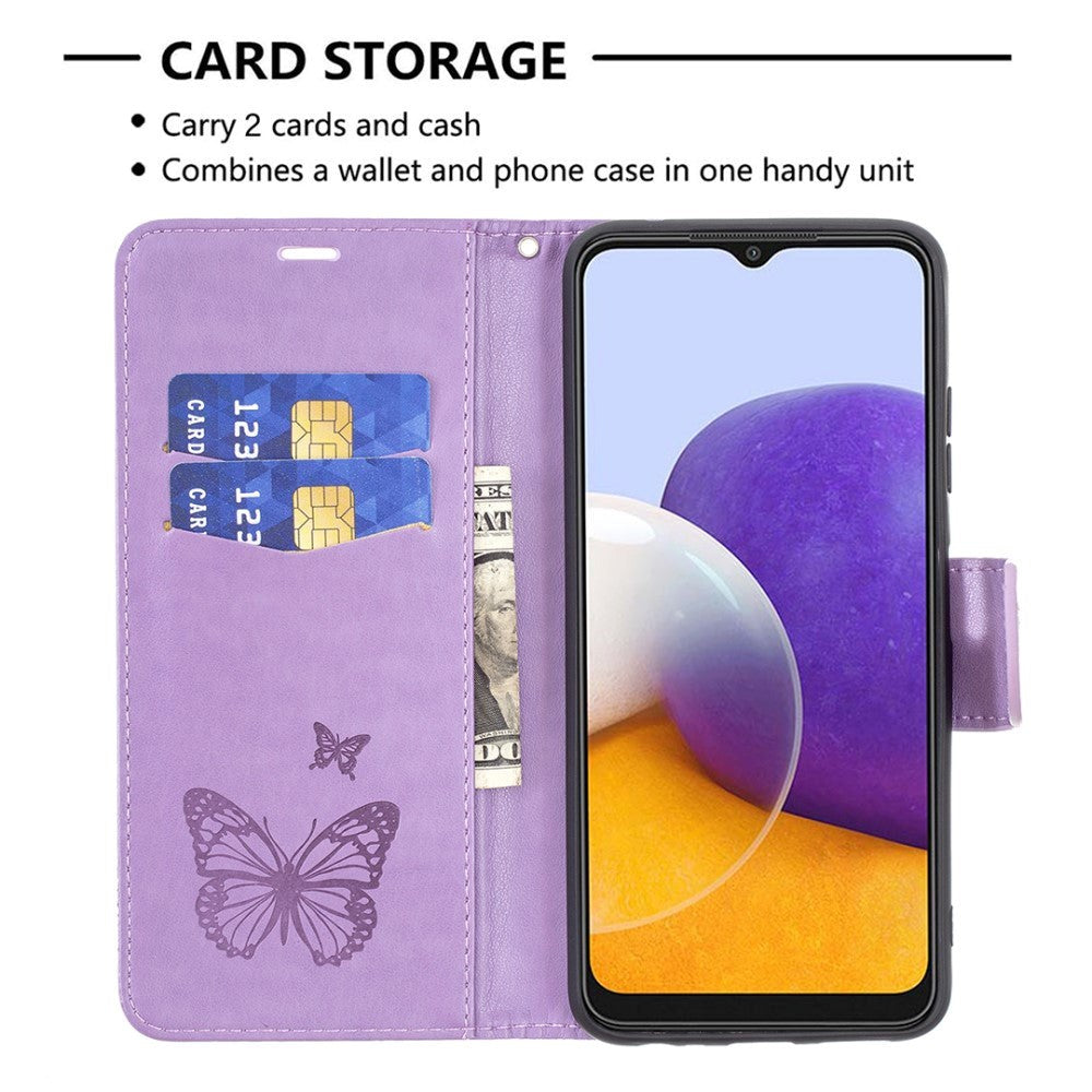 Samsung Galaxy A22 (5G) Læder Cover m. Pung Sommerfugl - Lilla