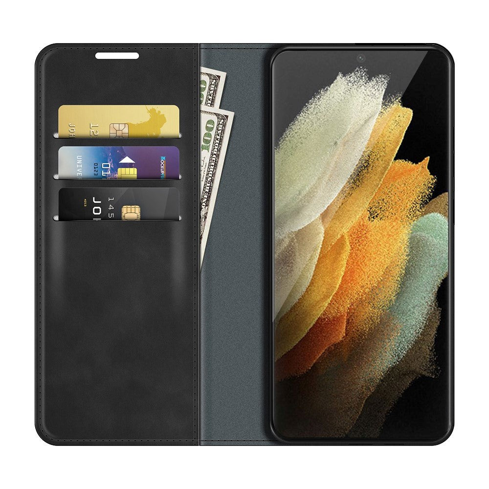 Samsung Galaxy S22 Ultra Mat Læder Flip Cover m. Kortholder & Standerfunktion - Sort
