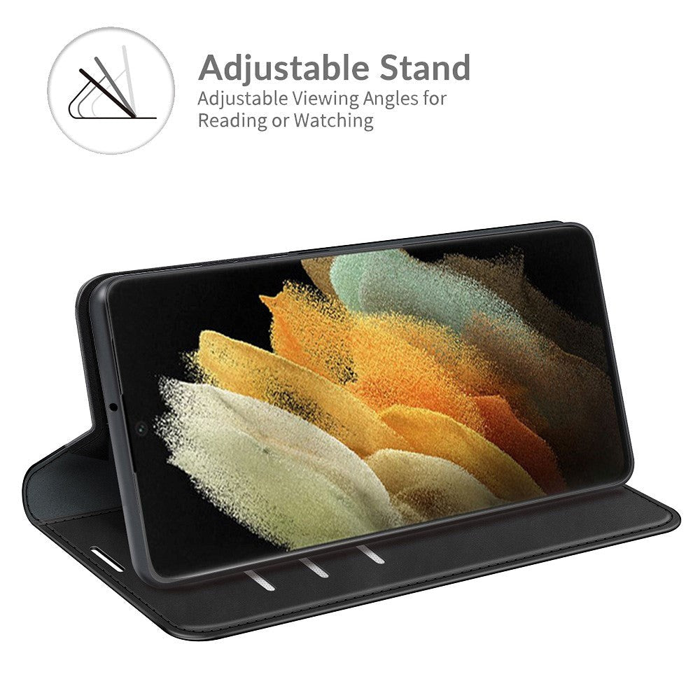 Samsung Galaxy S22 Ultra Mat Læder Flip Cover m. Kortholder & Standerfunktion - Sort