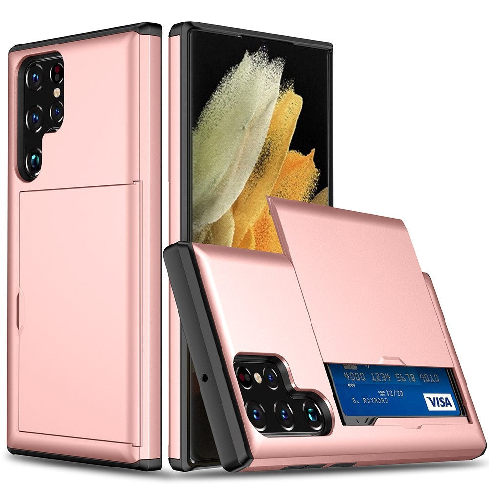Samsung Galaxy S22 Ultra Hybrid Plastik Håndværker Cover m. Kortholder - Rose Gold