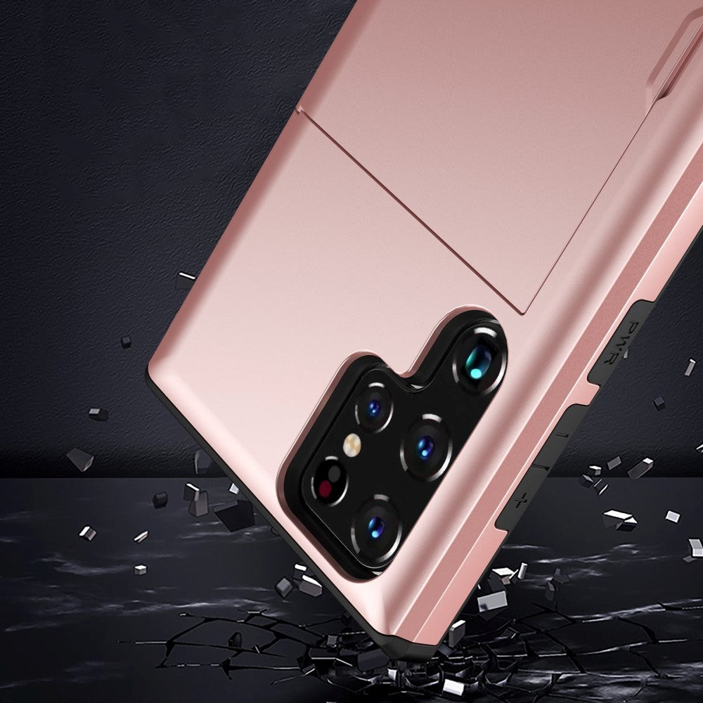 Samsung Galaxy S22 Ultra Hybrid Plastik Håndværker Cover m. Kortholder - Rose Gold