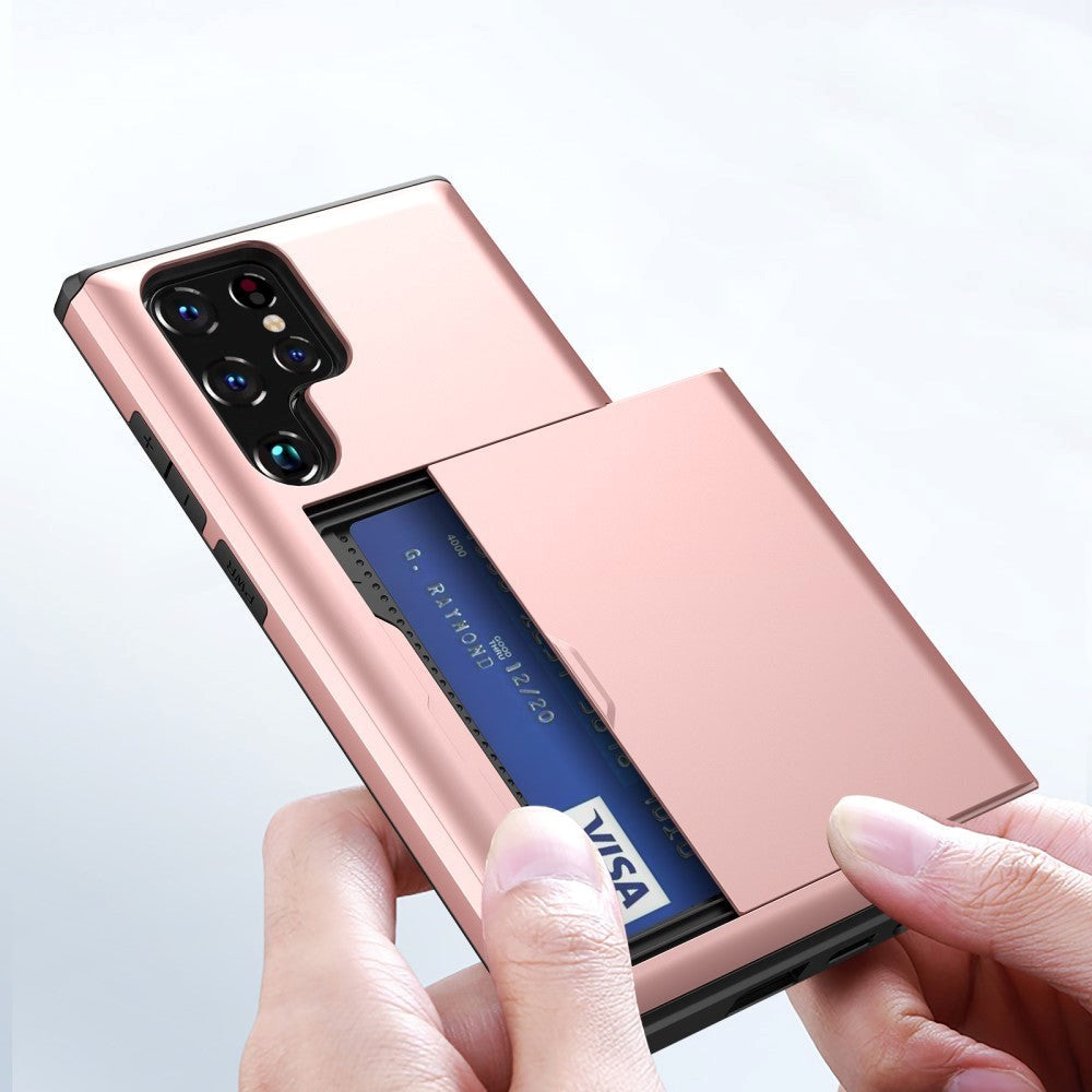 Samsung Galaxy S22 Ultra Hybrid Plastik Håndværker Cover m. Kortholder - Rose Gold