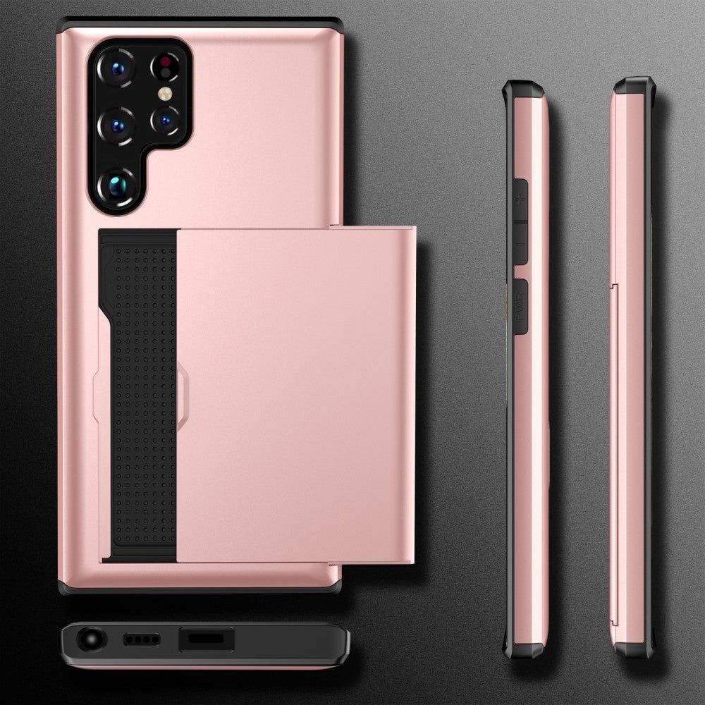 Samsung Galaxy S22 Ultra Hybrid Plastik Håndværker Cover m. Kortholder - Rose Gold