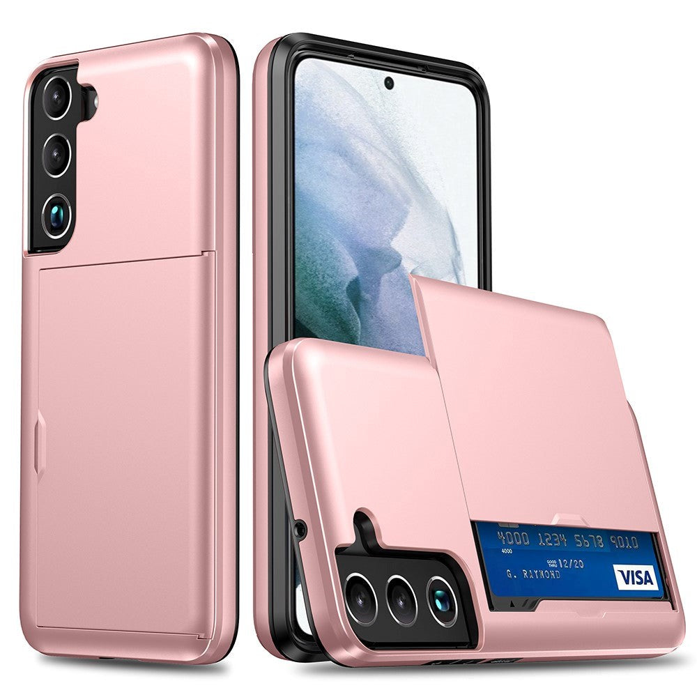 Samsung Galaxy S22 Hybrid Plastik Håndværker Cover m. Kortholder - Rose Gold