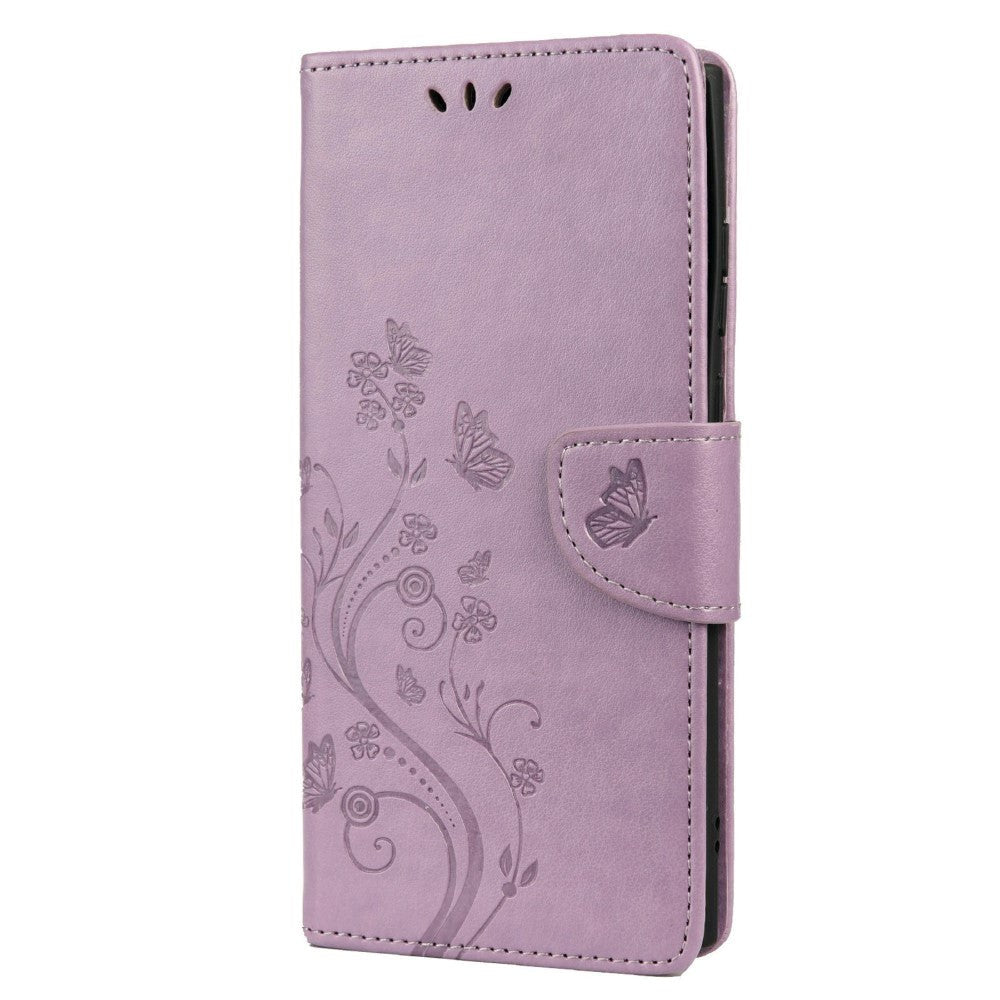 Samsung Galaxy S22 Ultra Læder Cover m. Pung Sommerfugle & Blomster - Lilla