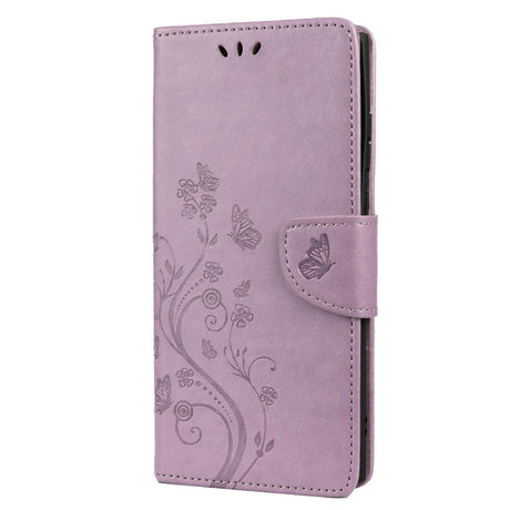Samsung Galaxy S22 Ultra Læder Cover m. Pung Sommerfugle & Blomster - Lilla