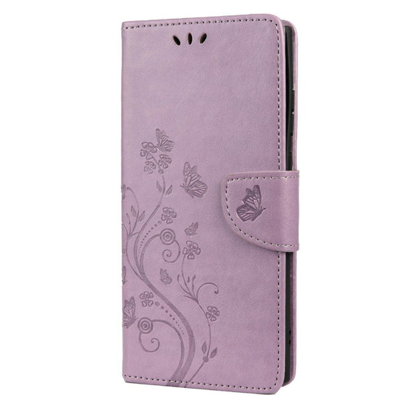 Samsung Galaxy S22 Ultra Læder Cover m. Pung Sommerfugle & Blomster - Lilla